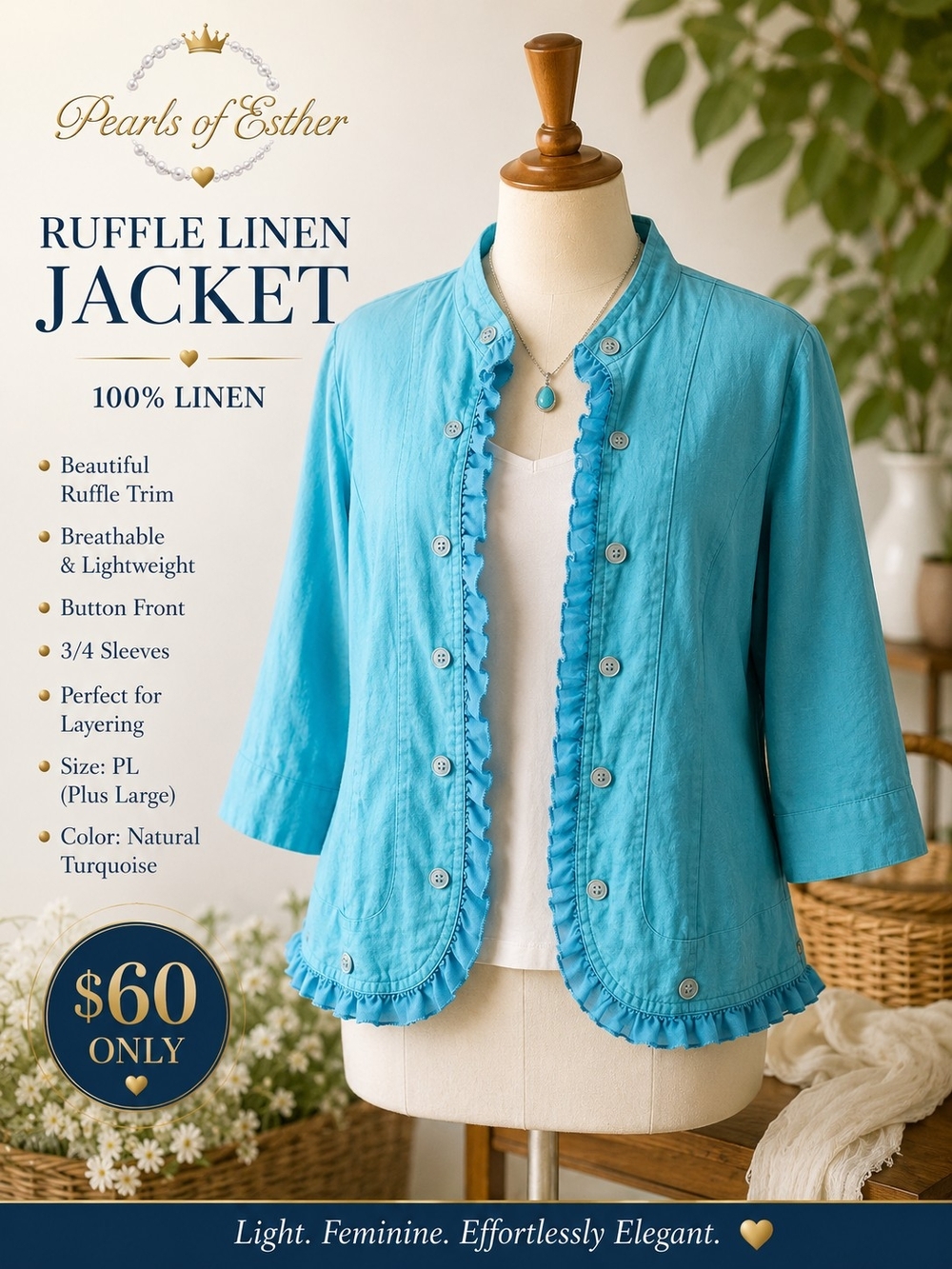 Slimsation By Multiples Turquoise Ruffle Linen Jacket